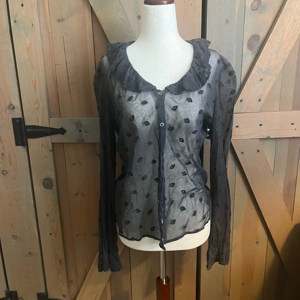 Sheer Black Blouse with Ruffled Collar
